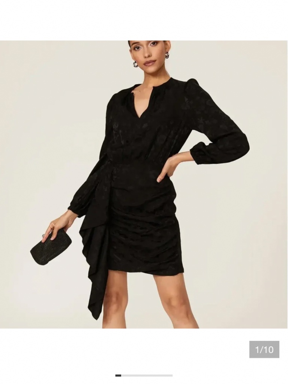 Shoshanna black satin jacquard mini long sleeve dress